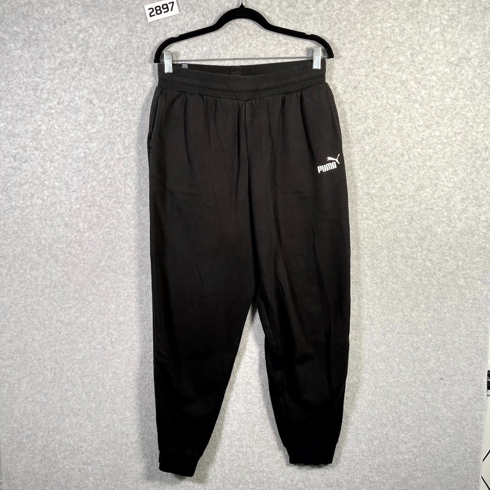 Puma Jogger Pants Womens‎ Medium Black Logo Fleece Lined Tapered Leg Drawstring